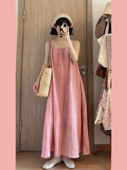 Summer Pink Strapless Maxi Dress Women's Loose plus Size Casual Slimming Skirt Sleeveless Long Dress Holiday Style