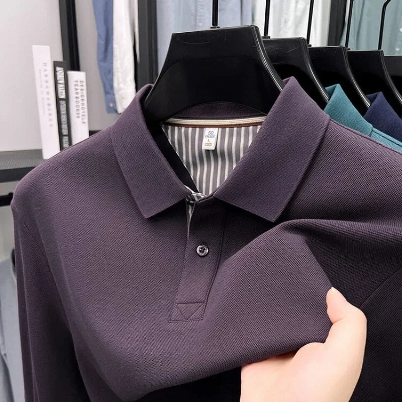 Men's casual long sleeved polo shirt autumn new loose solid color classic versatile lapel T-shirt