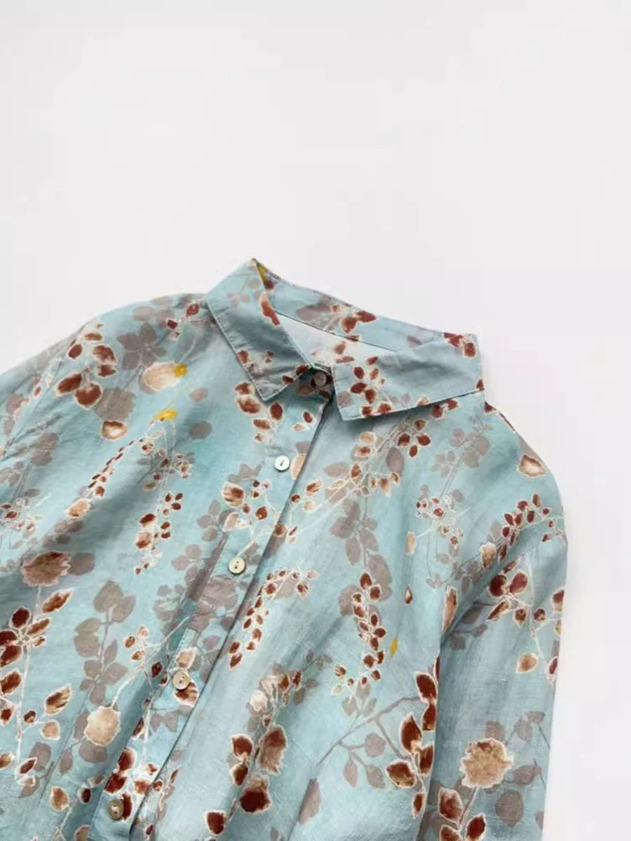 Loose Fit Linen Shirt Women's Thin Long Sleeve Casual Open Cardigan Top Artistic Print Commute Style Autumn Winter Shirt