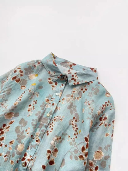 Loose Fit Linen Shirt Women's Thin Long Sleeve Casual Open Cardigan Top Artistic Print Commute Style Autumn Winter Shirt