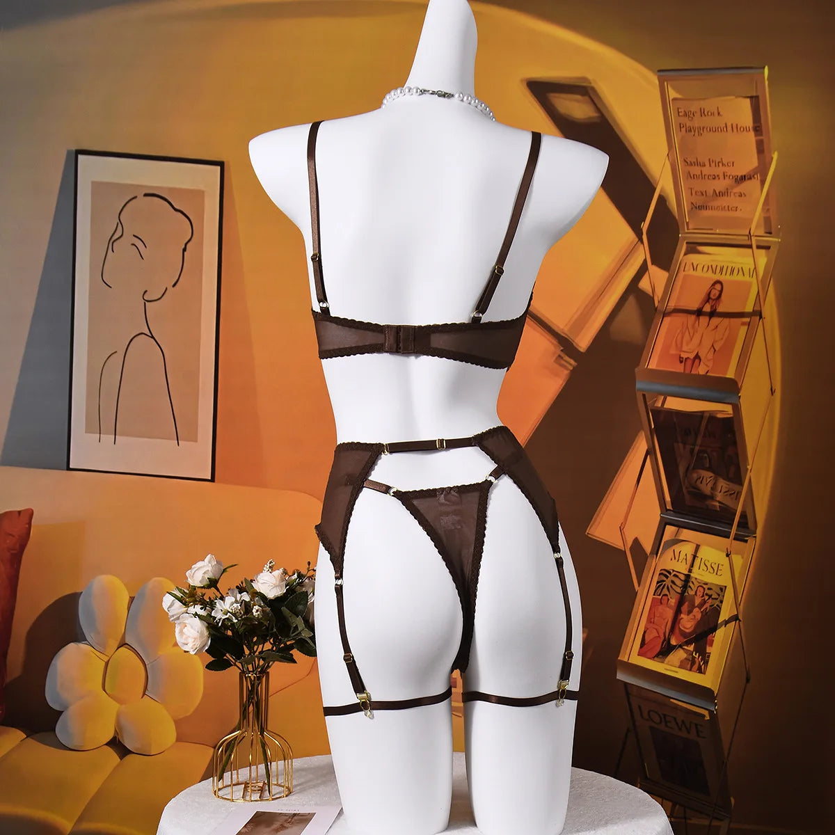 Ellolace Solid Lingeries Sexy Hot Elegant Bra Belt Thong 3PC with Leg Circles Cute Intimate Seductive Lace Tempted Underwear