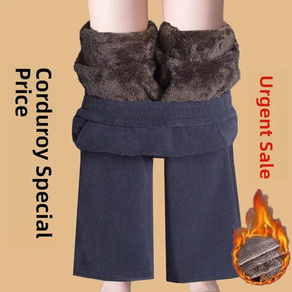 Thickened Fleece Lined Corduroy Straight Leg Casual Pants Women's High Waist Elastic Waist Warm Trousers Autumn Winter New Style