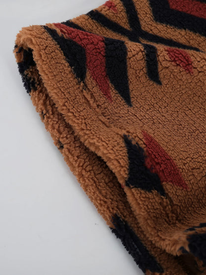 Men's Retro Ethnic Geometric Print Fleece Shirt Jacket Winter Thick Warm Sherpa Casual Coat
