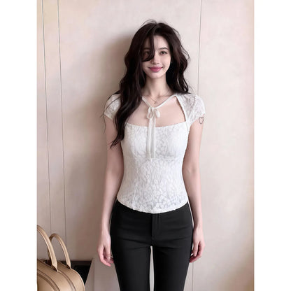 Pure Desire Lace Short Sleeve T-Shirt Women Summer Slim Fit Square Collar Knot Shoulder Top Trendy Spicy Girl Breathable