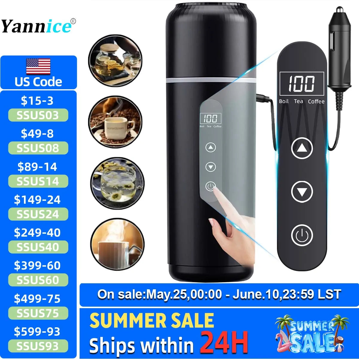 Electric kettle 12V 24V portable car heating cup 500 ml travel heating smart stainless steel insulation artifact OLED display