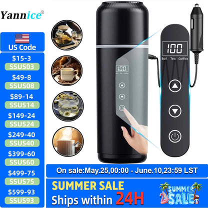 Electric kettle 12V 24V portable car heating cup 500 ml travel heating smart stainless steel insulation artifact OLED display