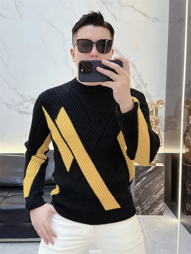 Men New Winter Knitwear Mixed Colors Long Sleeve Thicken Warm Woolen Sweater Mens Slim Fit O Neck Fashion Pullover Knitted Tops