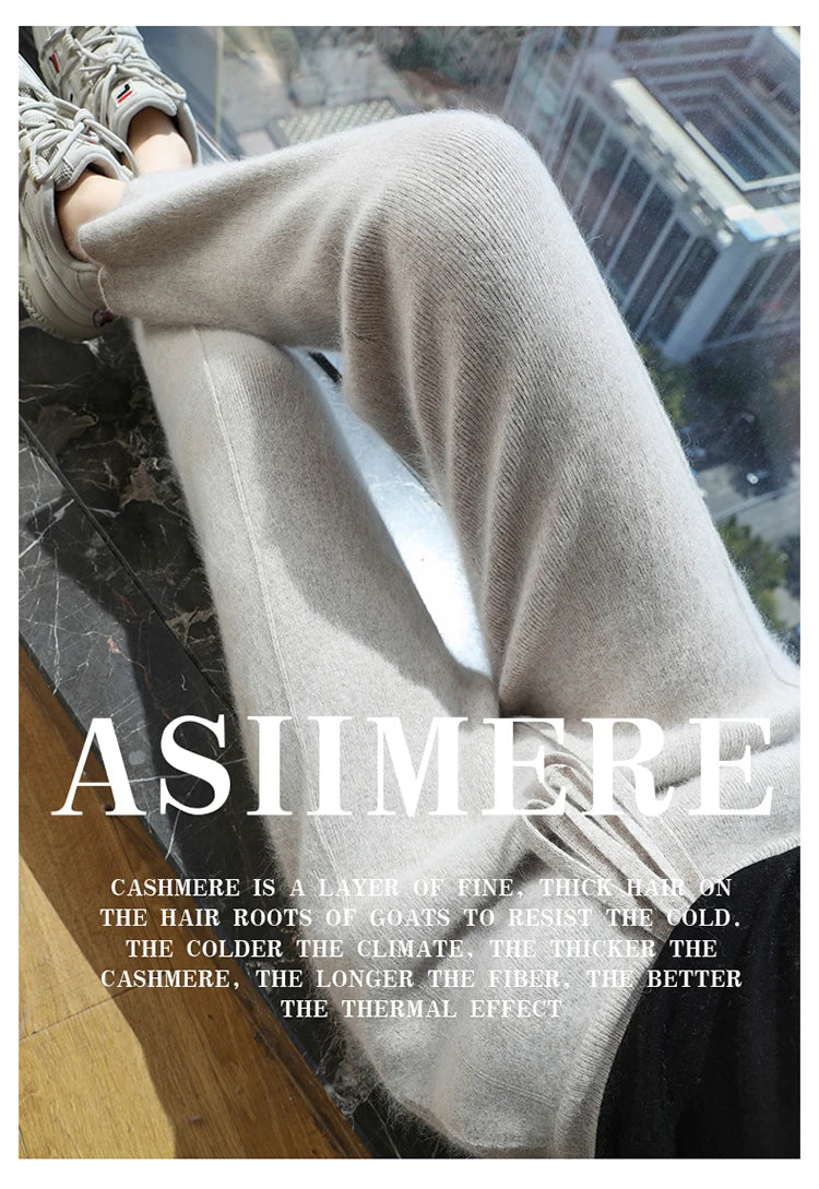 100% mink wool knitted high-waisted pencil pants women's casual autumn and winter new warm solid color thick cashmere pants