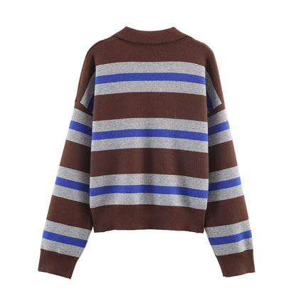 JNLEAOG Fashionable Striped Knitted  Shirt Women's Loose Fit Classic Pattern Long Sleeve Youthful Vitality Autumn New Arr...