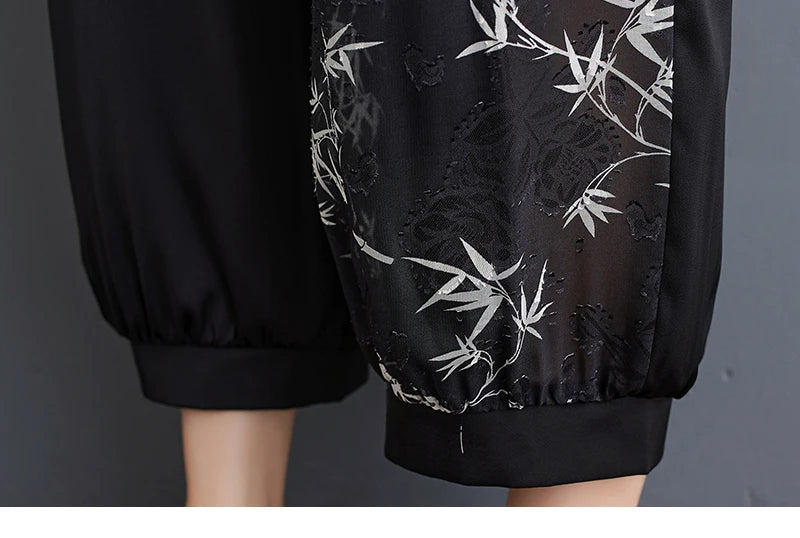 Summer New Loose Artistic Bamboo Print Cross Irregular irt Wide Leg Pants Two Piece Set Good Quali plus Size Faionable