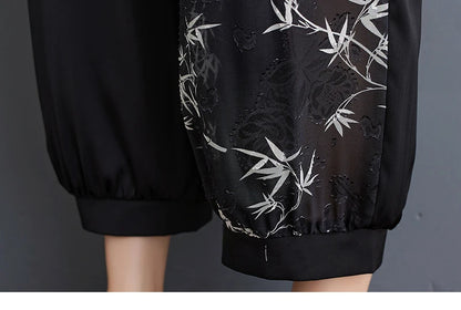 Summer New Loose Artistic Bamboo Print Cross Irregular irt Wide Leg Pants Two Piece Set Good Quali plus Size Faionable
