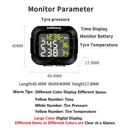 Infitary Motorcycle TPMS Tire Pressure Monitoring System Big Wireless LCD Colorful Display Shift For Status Precise Digital Moto