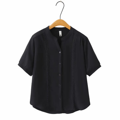 Slimming Short Sleeve Shirt for plus Size Women Stylish French Style Loose Fit Summer Top Single Button Closure Regular Length
