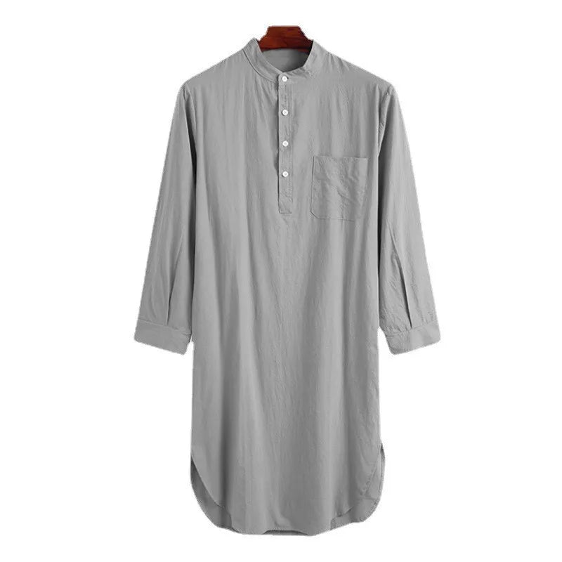 Blue Color Long Sleeved Muslim Long Shirt for Men Solid Cotton Linen Robes Muslim Fashion Arabia Man abaya