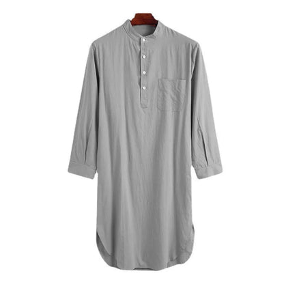 Blue Color Long Sleeved Muslim Long Shirt for Men Solid Cotton Linen Robes Muslim Fashion Arabia Man abaya