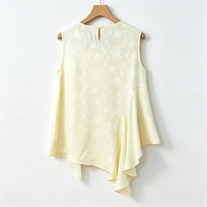 2026 Women's Fashion Summer New 100% Natural Mulberry Silk HuaLuo Beige Irregular Breathable Round Neck Sleeveless Tank Top