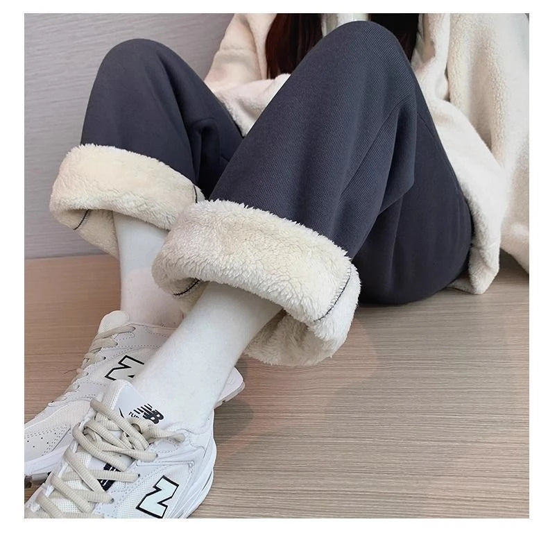 Thickened Fleece Women's Sports Pants Autumn Winter New Style Casual Loose Wide Leg Sweatpants High Waist Polyester Fiber