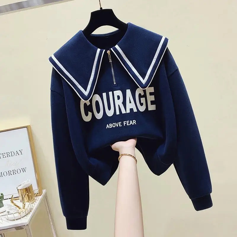 Teenage Girl's Fleece Lined Thickened Navy Collar Sweatshirt Small Size Winter Fashionable Clothing School Sweet Style Zipper