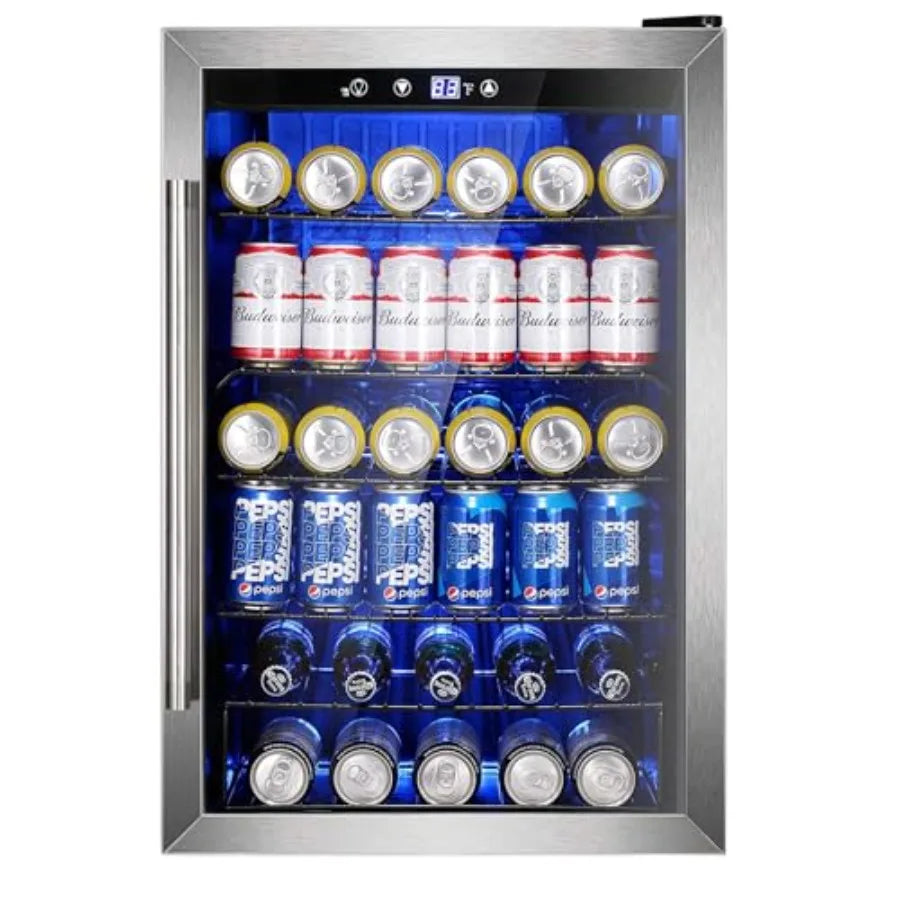Wine Cooler 37 Bottle Freestanding Fridge with Stainless Steel Reversible Glass Door, 145 Can Beverage Refrigerator Quiet Compr