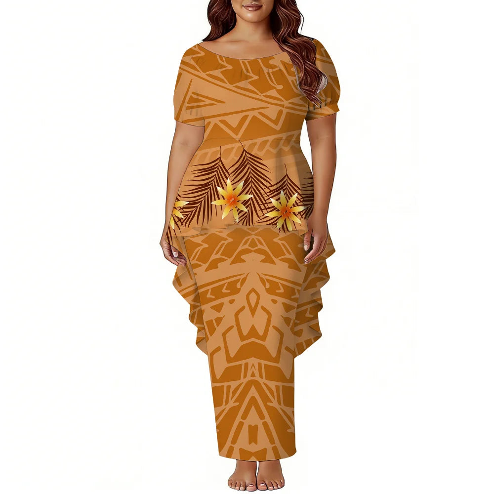 Polynesian Island-Style Women'S Short-Sleeved Puletasi Floral Print Dress Samoan Party Style Evening Dress