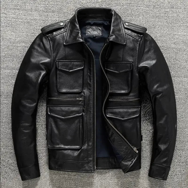 Military M65 Jackets For Men Heavy Black Genuine Leather Jacket Lapel Motorcycle Top Layer Cowhide Hunting Fashion Slim Coat Man