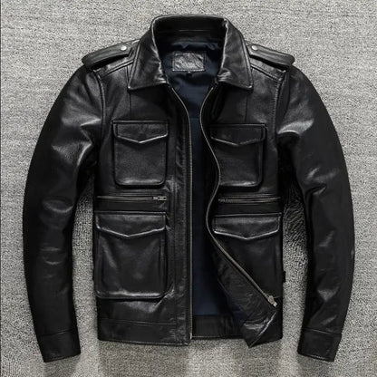 Military M65 Jackets For Men Heavy Black Genuine Leather Jacket Lapel Motorcycle Top Layer Cowhide Hunting Fashion Slim Coat Man