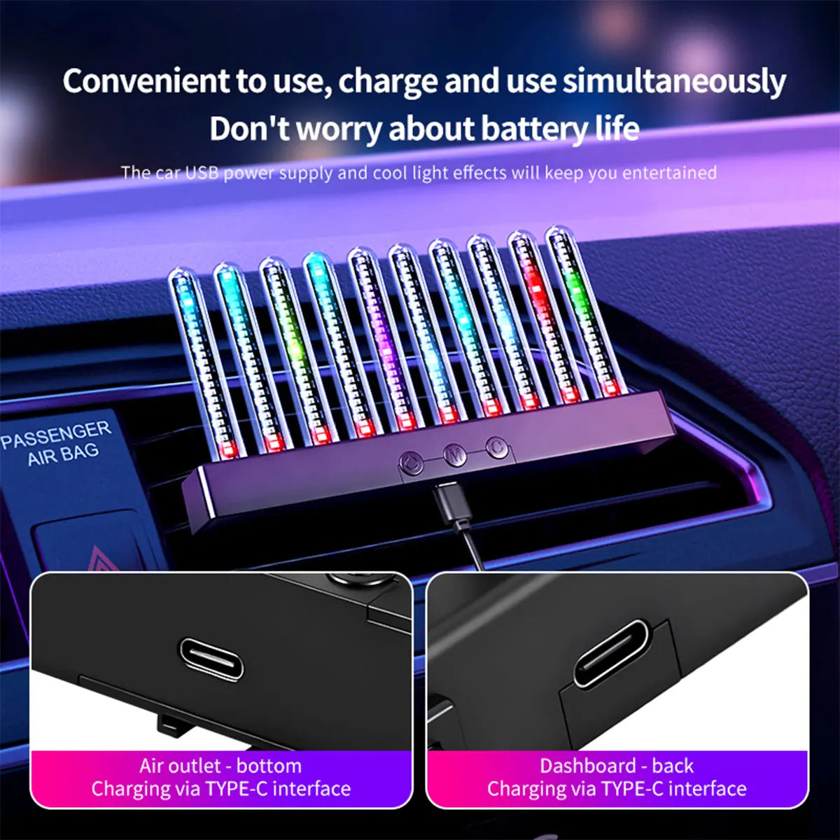 Sound Control Pickup Light Dynamic Gradient RGB Ambient Light Universal Car Air Vent Dashboard Ornament LED Interior Decor Light