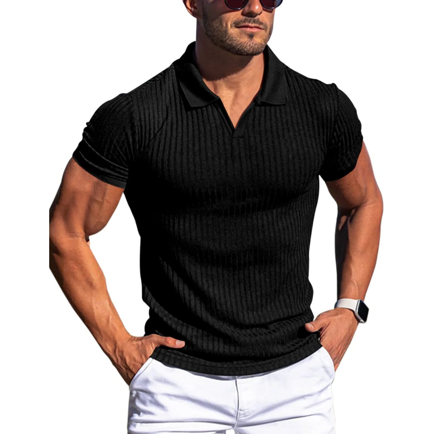 Men's Ribbed V-Neck Polo Shirt Summer Breathe Slim Fit Short Sleeve T-Shirt Men Casual Business Fashion T-Shirt