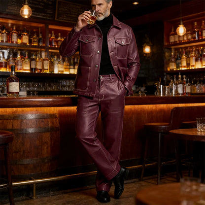 Men's 2 Piece PU Leather Suit Set Multi Pocket Shirt Collar Trucker Jacket Straight Leg Pants Business Casual Streetwear Outfits