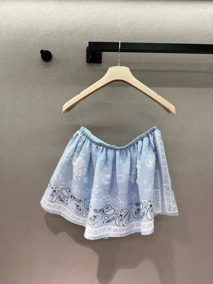 Mediterranean Style Silk Scarf Printed Shirt Loose Top Strapless Short Skirt Set Casual Women's Clothing 26's New