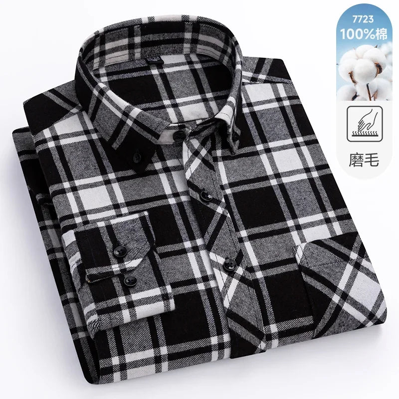 New Flannel Plaid Long Sleeve Men Casual Shirts Autumn Winter Fashion Plus Size Regular Fit Smart Dress Shirts Daily Clothes Top