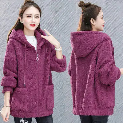 Lamb Velvet Jacket with Hood Women's Fleece Lined Thickened Sweatshirt Casual Top Pure Color Versatile Long Sleeve Regular Le...