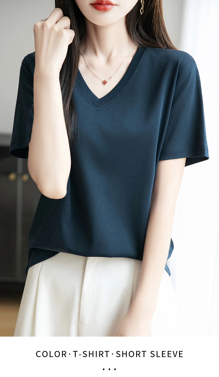 2026 Summer New Pure Cotton V-neck Short-sleeved T-shirt Women's Solid Color Joker Pullover Shirt with Loose Sleeve Bottom Shirt