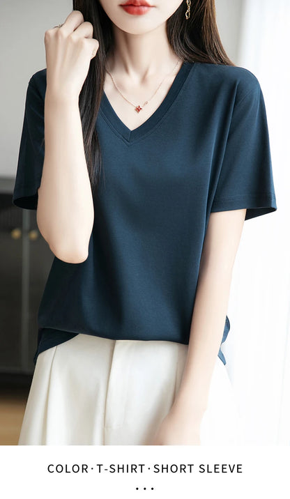 2026 Summer New Pure Cotton V-neck Short-sleeved T-shirt Women's Solid Color Joker Pullover Shirt with Loose Sleeve Bottom Shirt