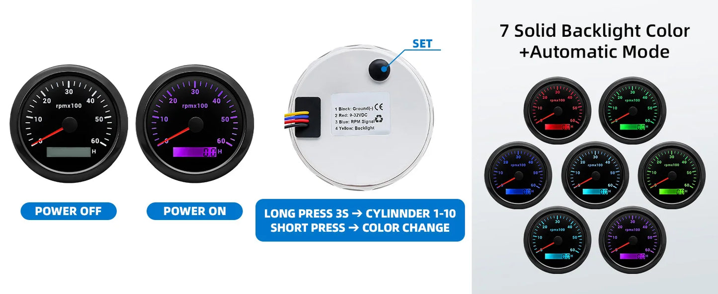 AD 85MM Tachometer with LCD Hour Meter For Marine Boat Car RPM Gauge 0-3000 4000 8000 RPM Meter Tach Sensor 7Colors Backlight