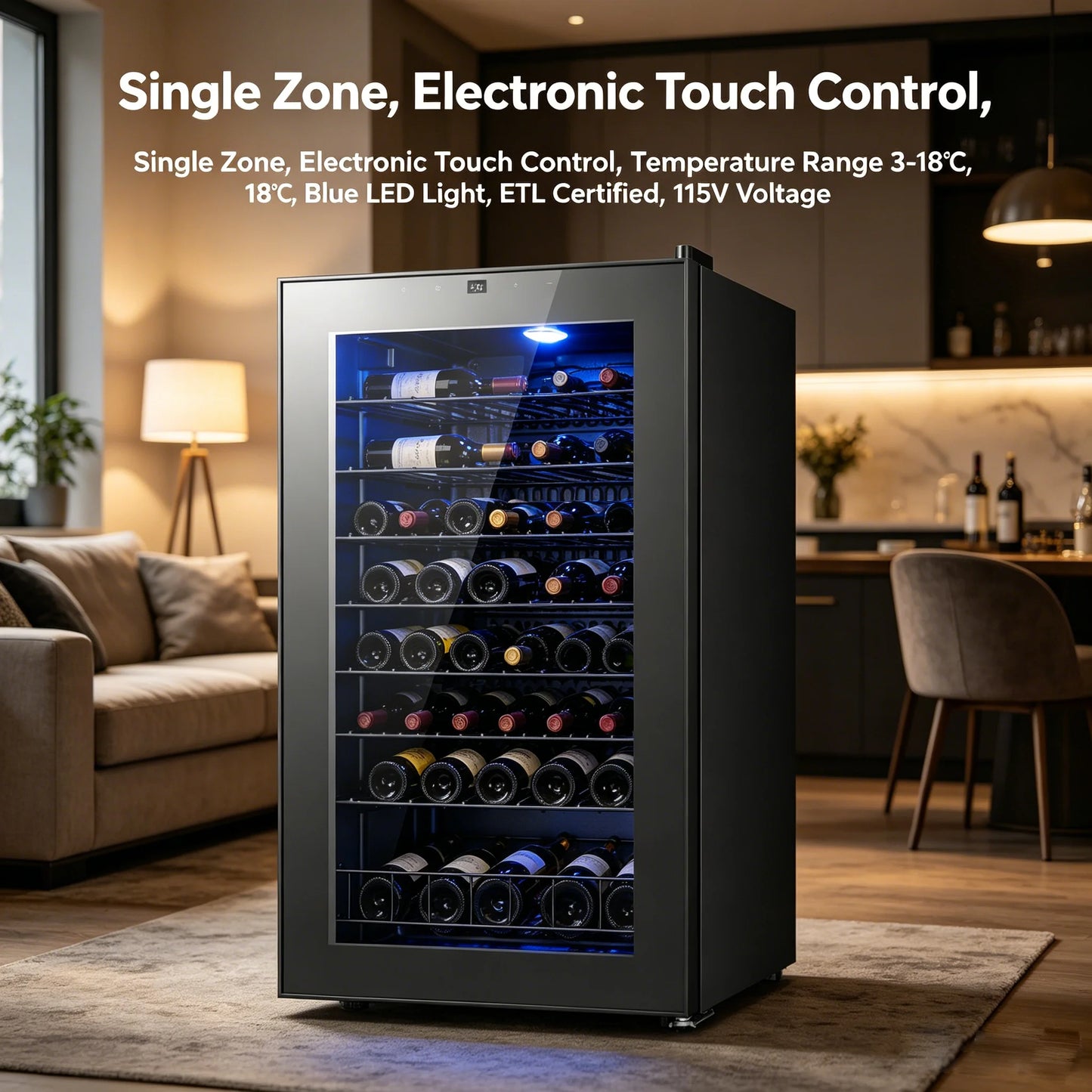 34 Bottle Single Zone Compressor Wine Cooler, Freestanding Wine Refrigerator Digital Touch Control 37-65°F Blue Interior Light Wine Storage Cabinet for Home Bar