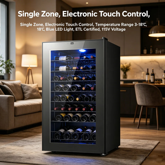 34 Bottle Single Zone Compressor Wine Cooler, Freestanding Wine Refrigerator Digital Touch Control 37-65°F Blue Interior Light Wine Storage Cabinet for Home Bar