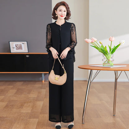 New 2026 Summer Fashionable Thin Two-Piece Set for Older Women Age-Defying Trendy Top And Bottom Ensemble Polyester Fiber