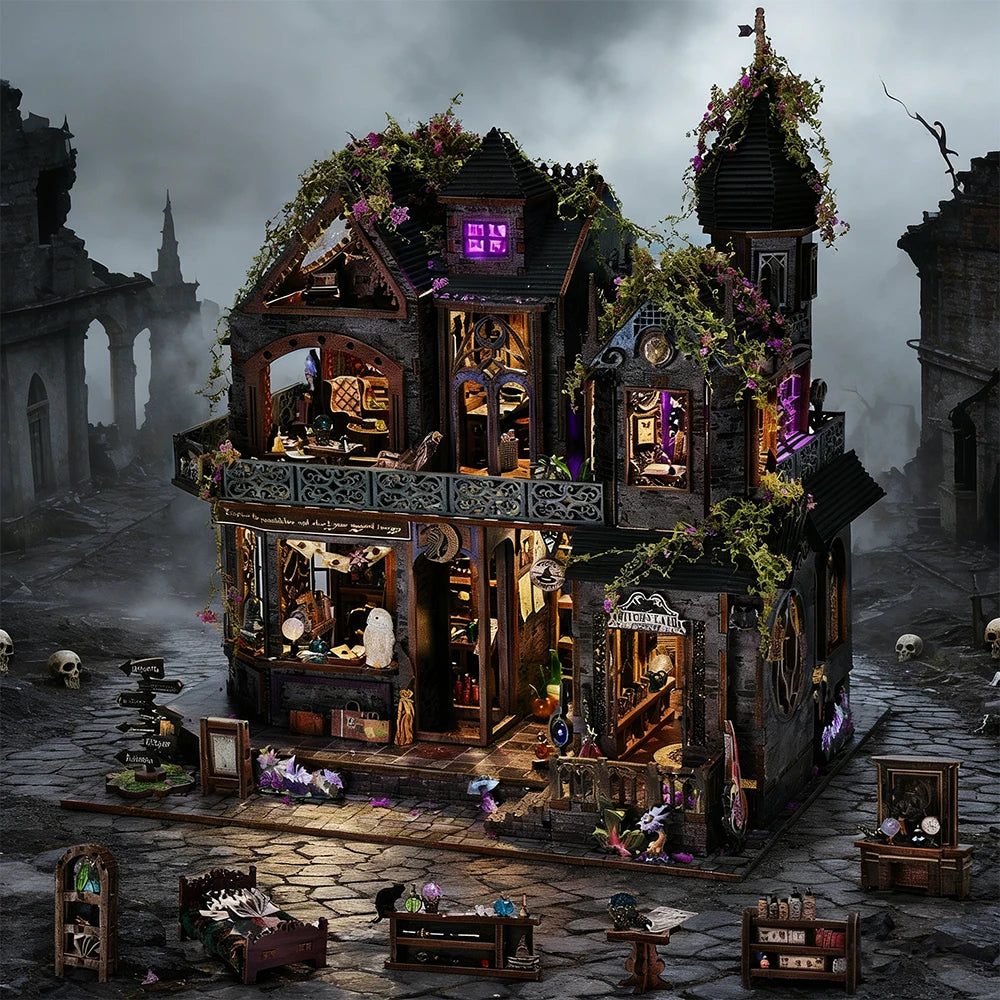 Book Nook Kit Castle of Magic Wooden DIY Dollhouse with Light Dynamic Music Bookshelf Insert 3D Puzzle Decor for Gift