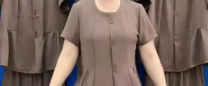 Summer 2026 Fashionable Mommy Set Women's Loose Belly Covering Slimming Two-Piece Suit High-End  Color Casual Wear