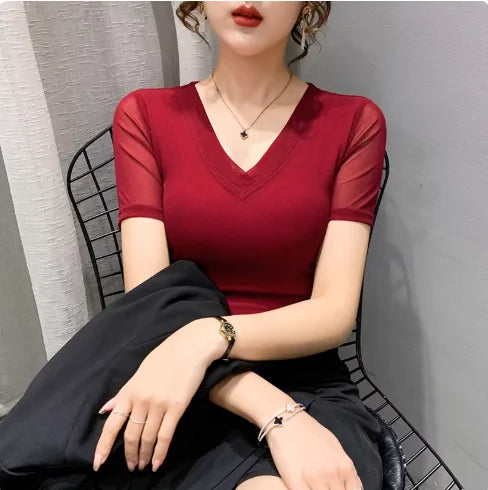 Autumn Winter Round Neck T shirt Women Sexy Mesh Bottoming Shirt Long Sleeve Solid Color Slim Fit Long Sleeve Casual Tops