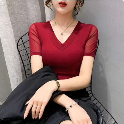 Autumn Winter Round Neck T shirt Women Sexy Mesh Bottoming Shirt Long Sleeve Solid Color Slim Fit Long Sleeve Casual Tops