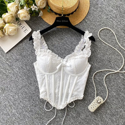 Sweet Heavy Embroidery Hollow out Strap Vest Women Summer Pure Desire Spicy Fibone Slimming Top Women's Faion Outfit
