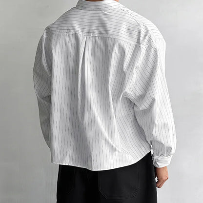 New British Retro Men Striped Shirts Trendy Loose Lapel Long Sleeve Cardigan Tops Autumn Leisure High Quality Basic Blouse S-2XL