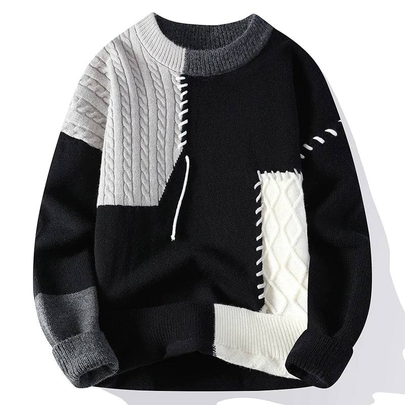 2025 New Patchwork Sweater Trend High Street Fashion Autumn and Winter Warm Men's Top Hip-hop Street Clothing