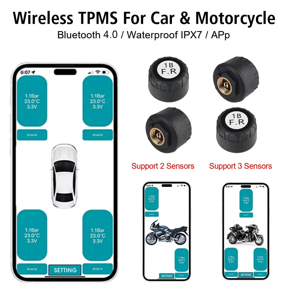 2/4PCS TPMS Sensors Bluetooth 4.0/5.0 APP Display Car TPMS Tire Pressure Monitoring System Motorcycle TPMS Tyre Tester Alarm Set