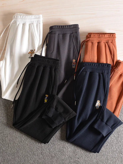 Autumn American Retro Waffle Embroidery Sweatpants Men's Fashion Pure Cotton Loose Elastic Waist Drawstring Casual Sport Pants