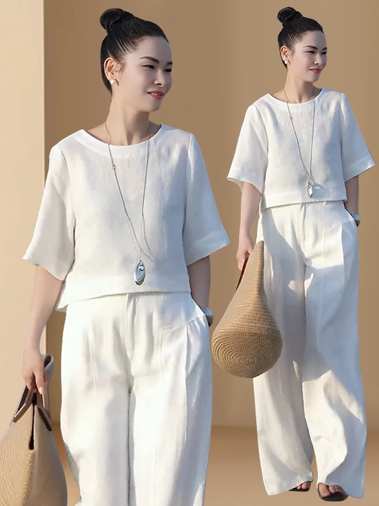 Elegant Fashionable Linen Wide Leg Pants Set Women's Summer New Design Unique Two Piece Suit Casual Commute Style round Neck