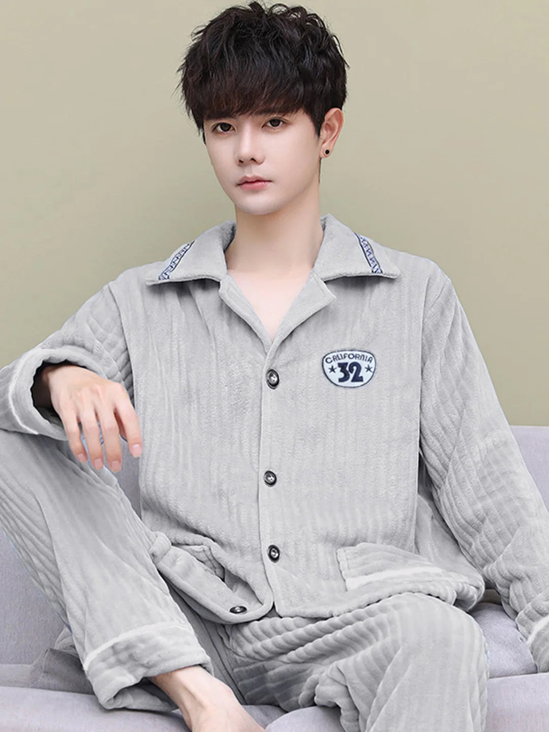 Men's Thickened Flannel Pajamas Coral Fleece Home Clothes Cardigan Set Long Sleeve Long Pants Soft Warm Winter Autumn Sleepwear