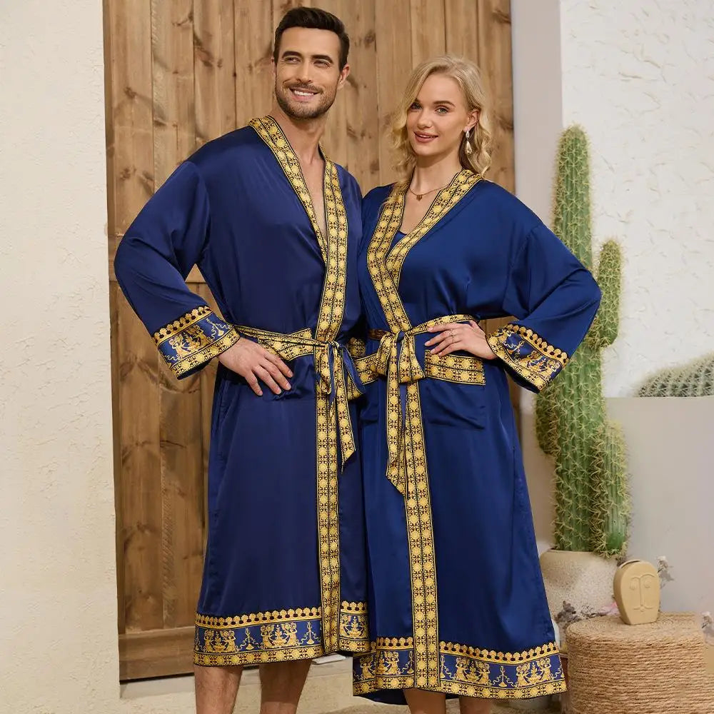 Baroque Style Couple Sleep Robe Long Sleeve Luxury Satin Bathrobe WP3403 Oversize Autumn Winter Home Clothes Men's Robe